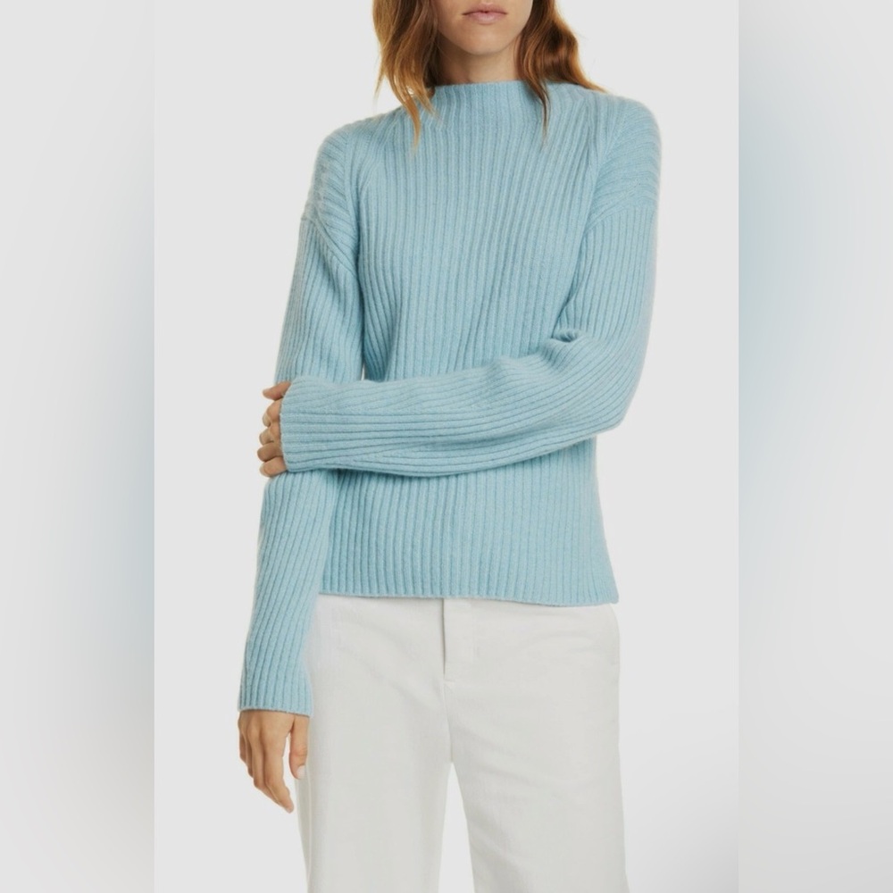 Vince Mock Neck Ribbed Knit Wool Cashmere Blend Sweater - Heather Aria Blue NWT
